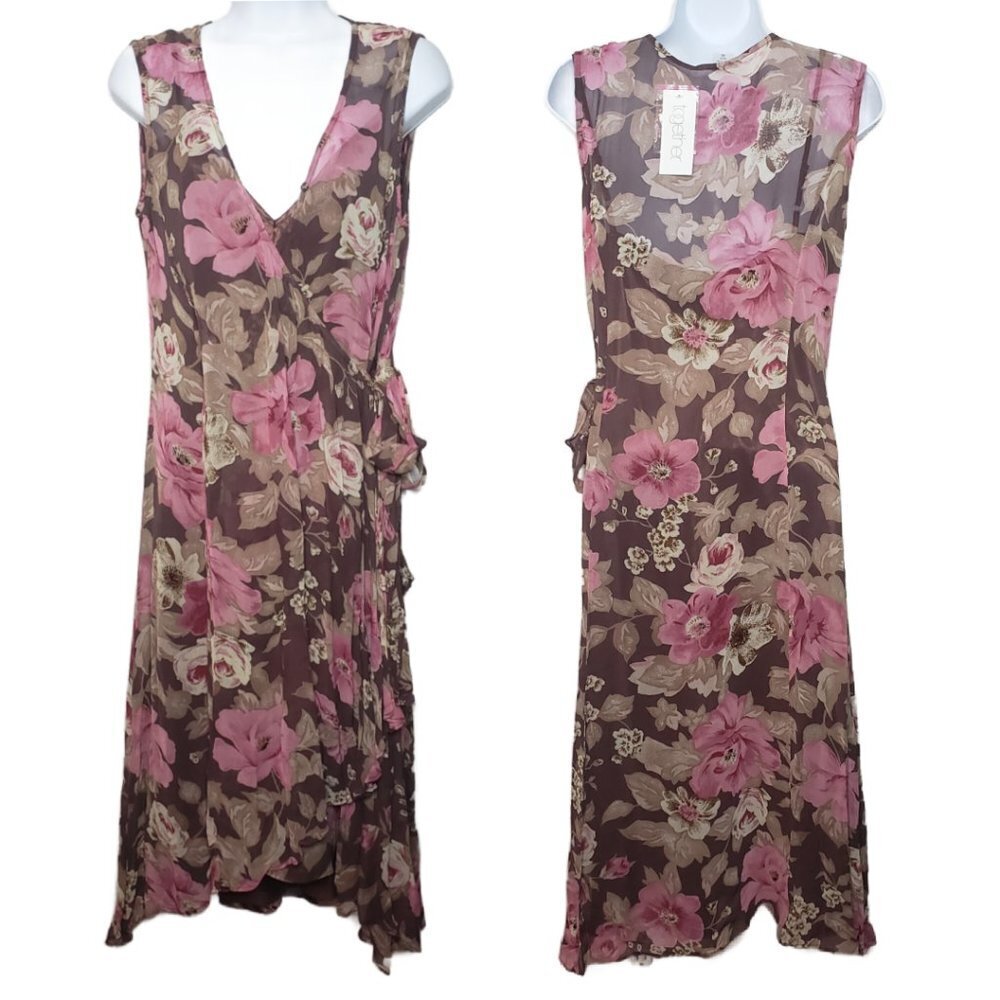 NWT Together Layered Sheer Floral Wrap Dress, Brown Sz 10 (1253)
